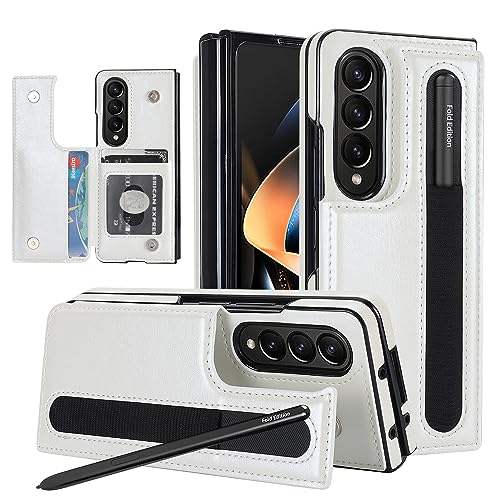 YYTVN for Samsung Galaxy Z Fold 3 Case with S Pen Holder and Card Holder, Heavy Duty Shockproof Wallet Protector, Luxury Business Leather Cover Case for Galaxy Z Fold 3 (White)