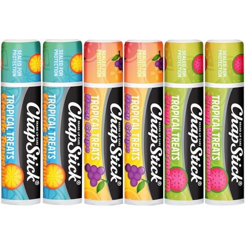 ChapStick Lip Care Tropical Treats Collection (6 Sticks) Electric Tangerine Fizzy Grape & Zingy Watermelon Lip Balm 0.15 Oz Ea