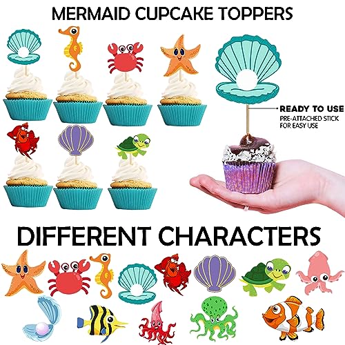Image of Party Propz Mermaid Cake Topper-Set Of 24Pcs Cake Toppers For Cake Decoration|Happy Birthday Cake Topper|Mermaid Theme Birthday Decorations|Ariel Little Mermaid Cupcake Toppers|Cake Decoration Items