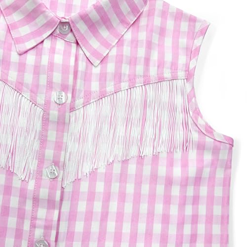 Image of Girls Fringe Shirt Sleeveless Button Down Western Cowgirl Tassel Trim Casual Blouse Shirt Top 4-13Y