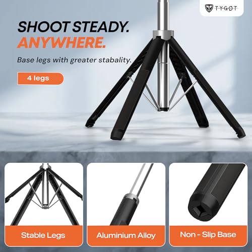 Image of Tygot T-180 Selfie Stick 67 inch (170 cm) for Mobile with Tripod Stand, Detachable Bluetooth Remote, 360 Rotating Head, Adjustable Phone Holder, Extendable Selfie Stick for Photography & Vlogging
