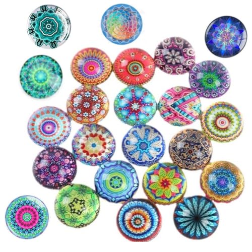FTXanty 24 Stück Kühlschrankmagnete Dekorative Bunt Fotomagnete Rund 30mm Glascabochons Glasmagnete Mandala Muster 3D Magnete für Kühlschrank Magnettafel Whiteboard Pinnwand Basteln