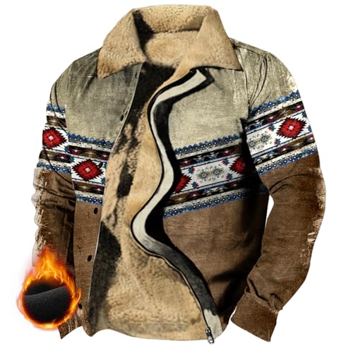 Western Cowboy Retro Winter Jackets for Men Graphic Heavy Warm Lined Big and Tall Coats Zipper Thick Jackets