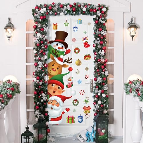 Christmas Door Stickers Decor 44.88 x 13.8 Inch Snowman Elk Elf Santa Decals Large Wall Stickers for Winter Holiday Window Classroom Decorations