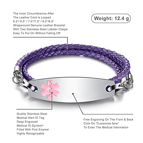 Personalized Medical Alert Bracelets for Women Men - Free Custom Engraving Medical ID Bracelets for Women 3-Layers Black Braided Leather Link Medical Bracelets 6.2-8.5 Inches2