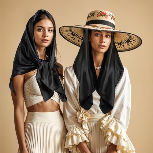 Black Silk Scarf, Satin Head Scarf Set, Large Bandana Neck Scarfs for Women, 2 Pack Sleeping Hair Wrap for Nighttime Hair Care Travel Beach Workout Yoga, Vintage Style Headband Protection2