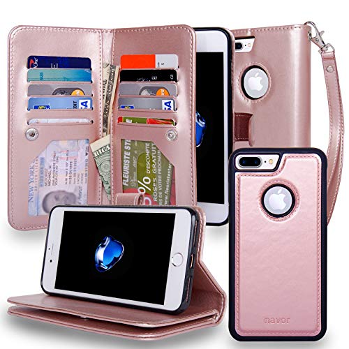 navor Magnetic Detachable Wallet Case [RFID Protection] [10 Card Pockets] [3 Money Pockets] Compatible for iPhone 7 Plus JOOT-3L Series - Gold (IP7P3LGD)