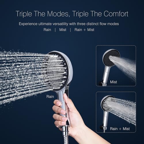 Image of Hindware Italian Collection F160205CP 3-Flow Hand Shower for Bathroom | Made of ABS | Rain, Mist & Rain + Mist Modes | Water Saving Feature | Comes with 1.5m Hose Pipe & Wall Hook