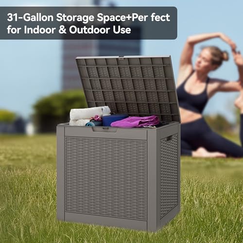 NBYSGO 31 Gallon Resin Deck Boxes Waterproof, UV Resistant Outdoor Storage Box Lockable Lid for Delivery Box, Indoor, Garden, Pool Supplies, Patio Cushions, Grey