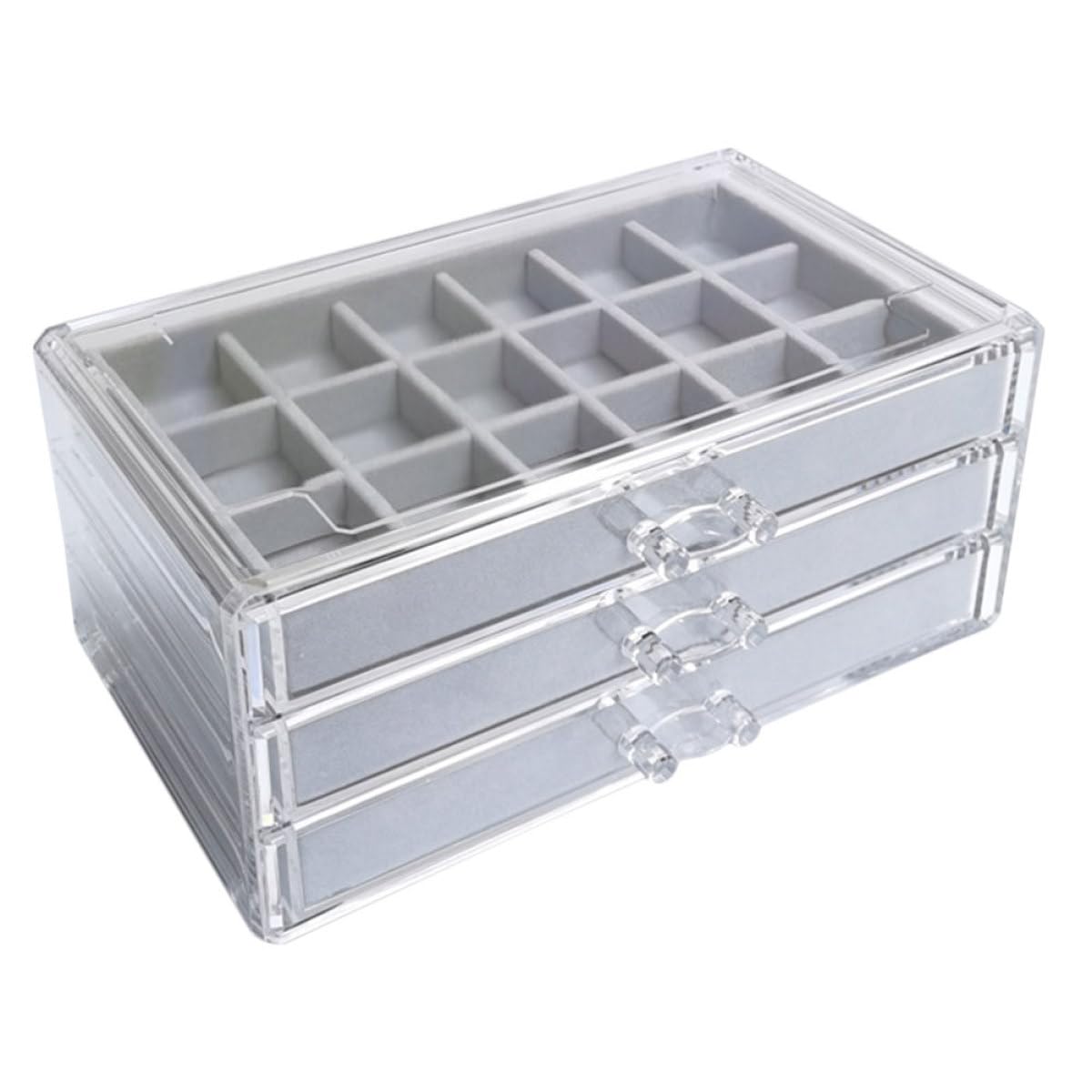 Organizador de Joyas de Acrílico Multicapa, Caja de Almacenamiento de Terciopelo Gris 3 Niveles y 54 Compartimentos, Contenedor Compacto para Collares, Pendientes y Anillos,