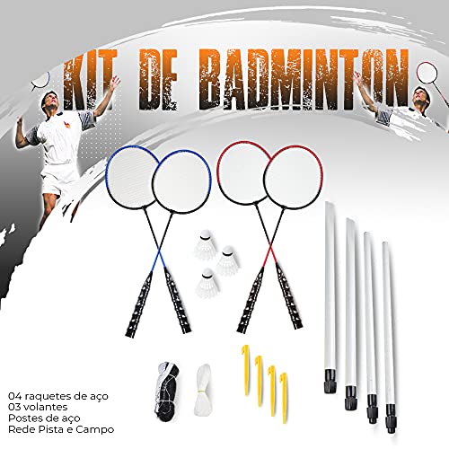 Kit badminton completo 4 raquetes, 3 petecas, rede e suporte