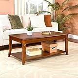 MODERION Solid Wood Coffee Table with Storage Shelf, Mid-Century Living Room Table with Wood Carved Tabletop and Leg, 43.3” Splicing Cocktail Center Table,Easy Assembly, Cherry Brown KFZ-DR200