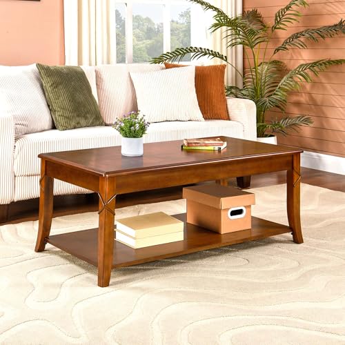 MODERION Solid Wood Coffee Table with Storage Shelf, Mid-Century Living Room Table with Wood Carved Tabletop and Leg, 43.3” Splicing Cocktail Center Table,Easy Assembly, Cherry Brown KFZ-DR200