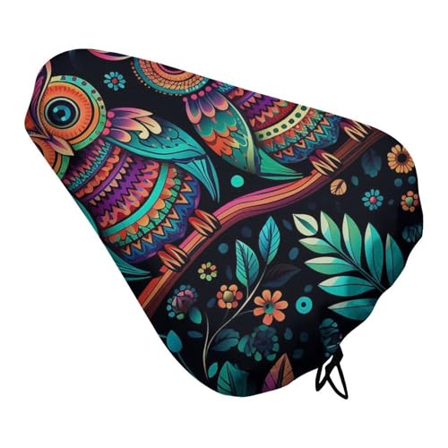 Colorful Owl Pictures Bike Seat Cover - Universal Fit, Water-Repellent Bicycle Seat Cushion Heat Reduction Oxford Cloth, Drawstring Cushion Cover for Mountain/Road/Cruiser Bikes