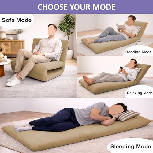 Image of Adorn India Easy Multi Mode 1 Seater Sofa Cum Bed | Velvet Fabric | Beige | Stripes Design | Comfortable Seating | Washable Cover | Perfect for Home & Office