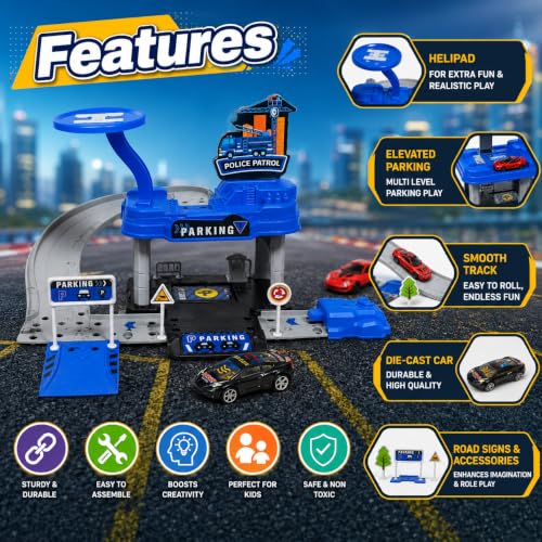 Image of WISHKEY Car Launcher Toys for Kids Parking Lot Toy for Kids 3+ Years, DIY Engineering Garage Playset with Die-Cast Car, Building Track, Launcher, Pretend Play Activity, Birthday Gift for Boys Blue