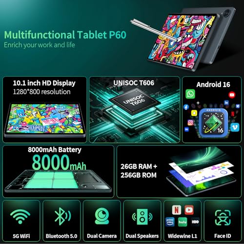 Image of Android Tablet with Keyboard - 10 inch Android 16 Tablet with 26GB+256GB+2TB Expand, Electronic Tablet with 8-Core, Gemini AI, 5G WiFi, 8000mAh, GPS, GMS, Tablet PC with Case /Mouse /Stylus(Silver Case)