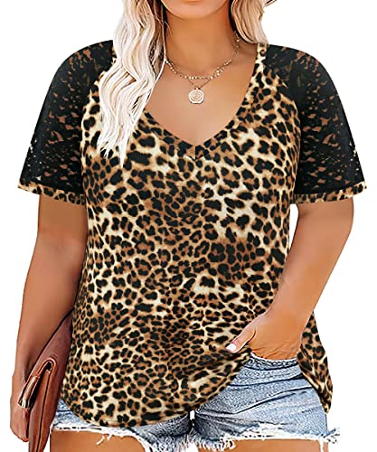 Image of CARCOS Plus Size Tops for Women Short Sleeve Shirt Summer Star /Leopard /Tie Dye /Flower Crewneck Pullover Tunic XL-5XL