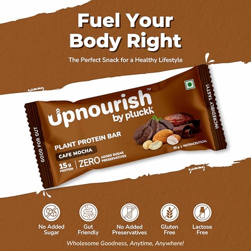 Image of Upnourish by Pluckk Plant Protein Bar - Pack of 12 (50g Each) | 15g Protien , 2g Fiber | No Added Sugar & Preservatives | Protein Bar without sugar | Lactose & Gluten Free | Gut Friendly | Cafe Mocha Flavoured - 300g