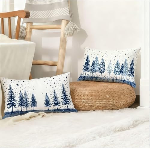 Taie oreiller 50x80cm Noël imperméable en lin bleu marine avec zip invisible