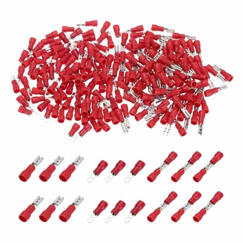 MECCANIXITY 100 Set Heat Shrink Wire Terminals, 22-16AWG Red Insulated Crimp Terminals Electrical Connectors Male and Female Spade Connector for Industrial, Automotive, Boat Stereo