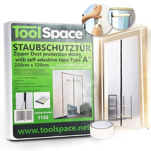 ToolSpace Puertas con Protección contra Polvo Cremallera Doble Barrera Protectora de Plástico Lámina para Obras y Reformas Protege Suciedad y Salpicaduras LDPE 100µ – 220×120 cm Juego de 2 Piezas