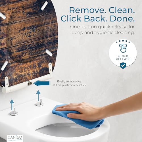 Image of Sanilo Wooden Toilet Seat with Quick Release & Soft Close [ROUND] - Decorative & Slow Close Molded Wood Seat - With One Click for Easy Installation & Cleaning - With Adjustable Fit (Vintage)