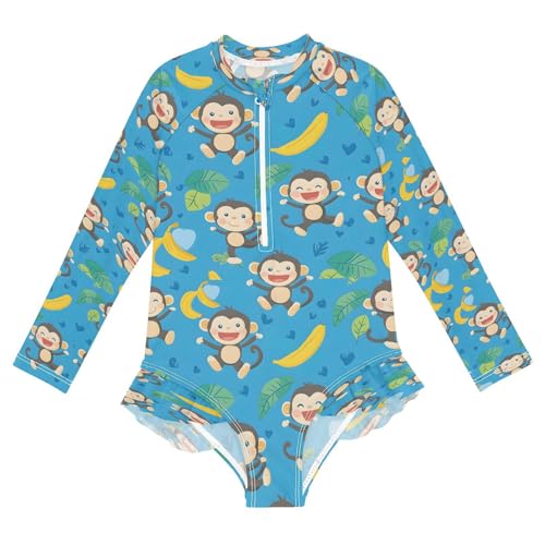 Cute Monkey Banana Tropical Girls Long Sleeve Swimsuits One Piece Zipper Bathing Suit UPF 50+ Rashguard Swimwear