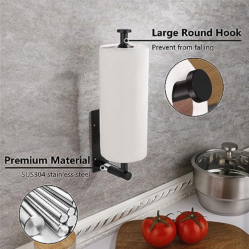 Image of Black Paper Towel Holder Under Cabinet, Single Hand Operable Wall Mount Paper Towel Roll Holder with Damping Effect, Self-Adhesive or Drilled for Kitchen Bathroom, SUS304 Stainless Steel