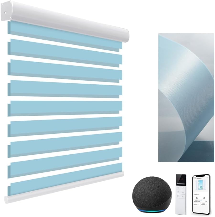 TIPIACE Smart Hard-Wired Motorized Zebra Blinds Compatible with Alexa Google, High Precision Spun Yarn Half Blackout Fabric Electric Window Shades (Spun Yarn -Wheat complexion)