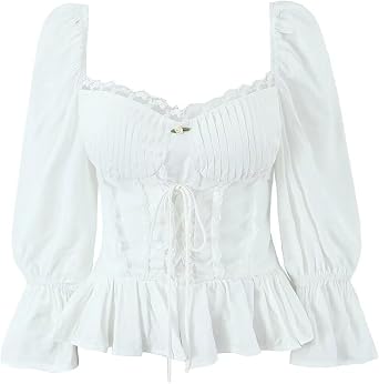 Women Renaissance Slim Shirt Square Neck Lace Ruffle Blouse Vintage Long Puff Sleeve Tops