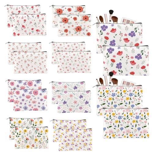 TWINKLEMON 20PCS Flower Canvas Makeup Bags Bulk Floral Cosmetic Bags for Women and Girls Multicolor Travel Pouch Wildflower Canvas Toiletry Bag Bulk Makeup Organizer Bags for Friendgiving Friend Gifts