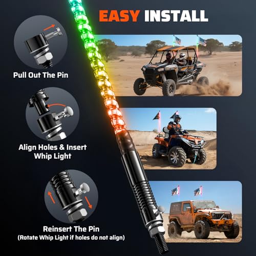 Image of Ehaho 1 PC 2FT Whip Lights with Spring Base, APP & Remote Control Led Whip Lights for Side by Side, Spiral RGB Chasing Lighted Whips with Rocker Switch, Music Led Whips for UTV ATV RZR SXS Can-Am
