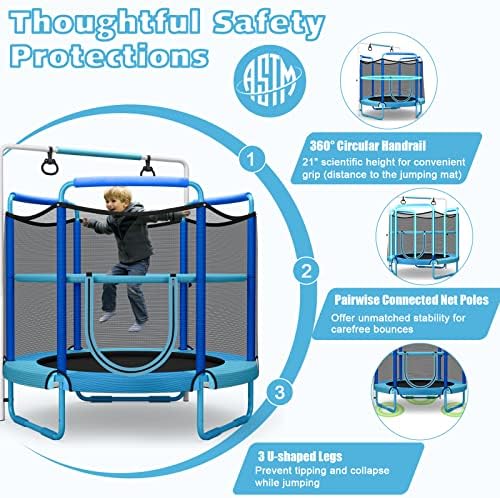 Goplus 60 Inch Kids Trampoline with Safety Enclosure Net, 330 LBS 3-in-1 Mini Trampoline w/Swinging Rings, Adjustable Horizontal Bar, 5 FT Indoor Outdoor Toddler Recreational Trampoline 7 51ZIvSOQC0L. AC