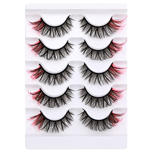 Pink Colored Lashes, ALPHONSE 3D Colorful False Eyelashes on end, 5 Pairs Fluffy Color Lash Strips Pack