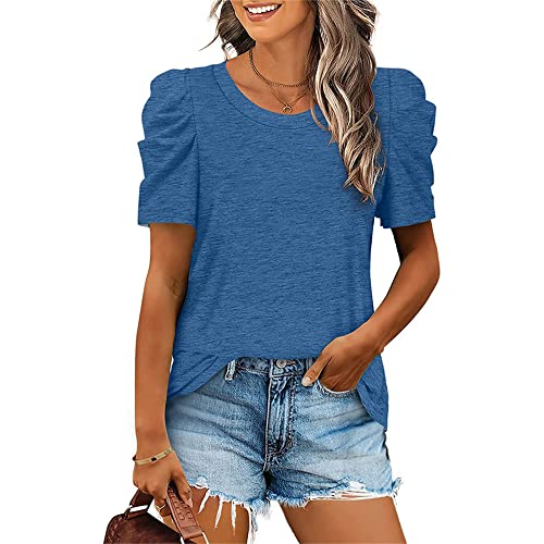 Womens Casual V Neck T Shirt Puff Sleeve Tops Ruched Elegant Shirts Loose Fit Dressy Pullover Blouse Tops (Small,Blue)