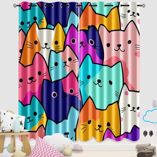 Jiospet Cat Curtains - Cute Cat Blackout Curtains for Kids Room Kawaii Decor for Girls Bedroom for Windows, 2 Panels, 82''×84''