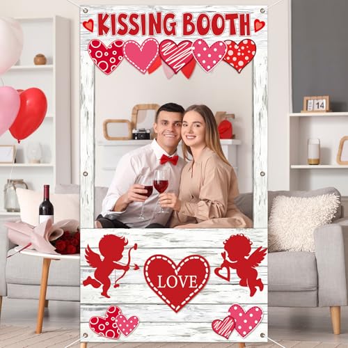 Valentines Day Party Decorations Kissing Booth Theme Photo Booth Props Cupid Love Heart Banner Valentine Picture Frame for Couple Restaurant Wedding Backdrop Valentines Theme Party Favors Supplies