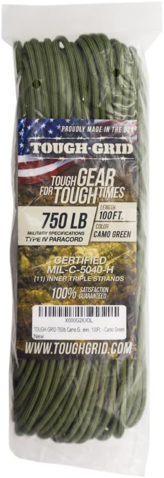 TOUGH-GRID 750 Paracord Rope Nylon Parachute Cord, Made in USA Survival Kit, Outdoor Adventures, Camping, Tactical Gear &amp; Emergency Supplies, Military Type IV Mil-Spec