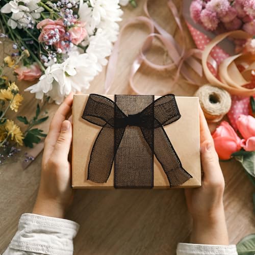 Burlap Wired Ribbon 1-1/2 Inch x 10 Yards Solid Wired Edge Ribbon for Big Bows, Wreaths, Outdoor Decoration, Gift Wrapping, Fall Crafts, Flower Bouquets, Garland (Black)