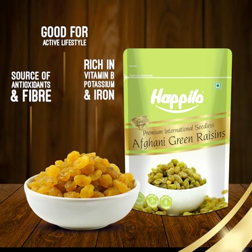 Image of Happilo Premium Seedless Afghani Green Raisins 200grams, Quality Kishmish | Rich in Iron & Vitamin B | Nutritious Dry Fruit | High in Antioxidants (Pack of 5)