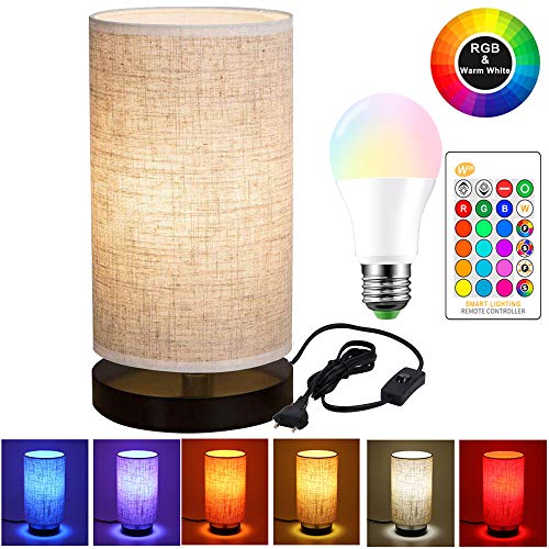 ALLOMN Lámpara de Mesita de Noche, Moderna Mesita de Noche Lámpara de Escritorio Lámpara Sobremesa Simple Base Madera Maciza, Pantalla de Tela de Lino, con bombilla 15W RGBW (Incluye Control Remoto)