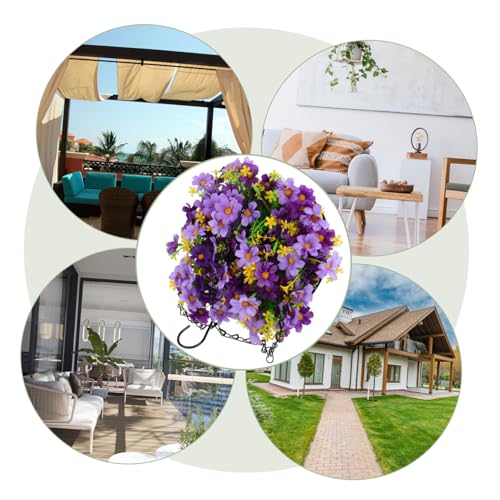 Panier fleurs suspendu extérieur fer résistant aux intempéries avec fleurs violettes - 4