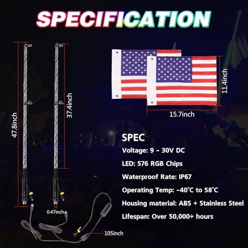 Image of LED Whip Lights, AKD Part 2PCS 4FT Lighted Whips RF Remote Control RGB LED Whip Antenna Chase Lights Warning Light for UTV ATV SXS Side By Side RZR Can-Am Kawasaki Honda Trucks Boat