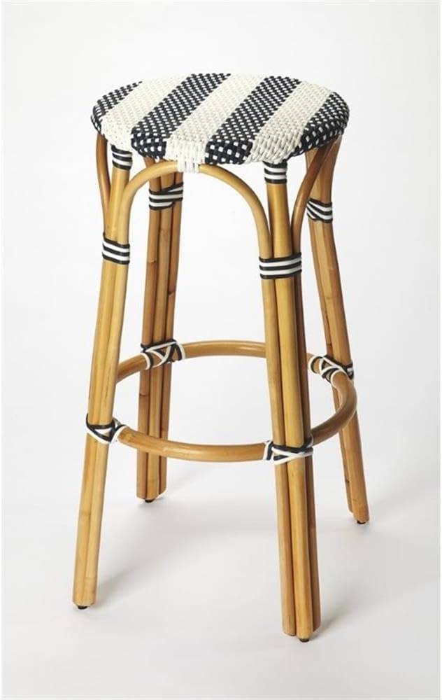 BOWERY HILL Transitional Blue Round Rattan 30" Bar Stool - White & Navy Stripe