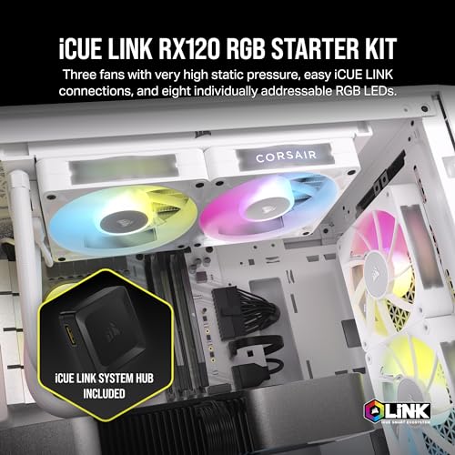Image of CORSAIR iCUE Link RX120 RGB 120mm PWM Fans with iCUE Link System Hub - Magnetic Dome Bearing - Triple Pack - White