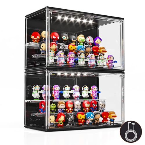 Acrylic Display Case for Collectibles with LED Light 3 Layer Adjustable Figure Display Case with Magnetic Door Lighted Display Box Stackable Clear Blind Box for Action Figure Popmart 2 Pack Black