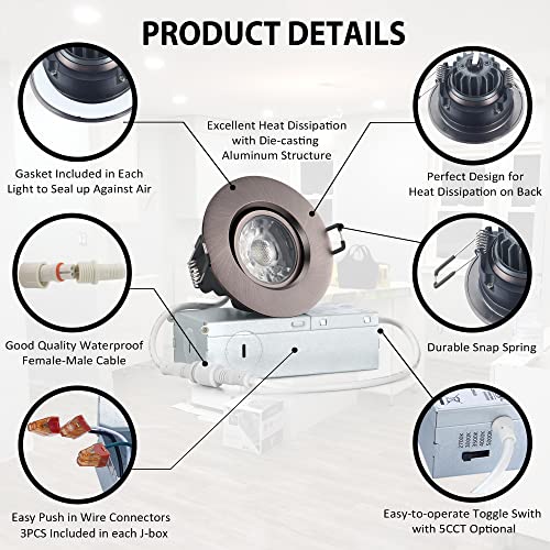 Image of POPANU Premium Canless Recessed Gimbal Downlight Rotatable-Spotlight 5 CCT 3 Inch Eyeball Ceilling Potlight, Dimmable Recessed Lights Fixture with Junction Box, 8W, Oil Rubbed Bronze, 6P