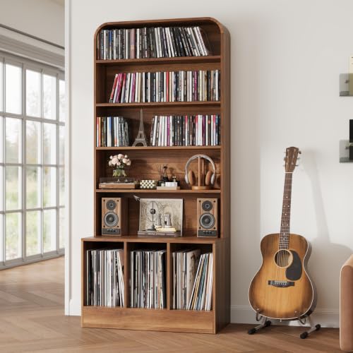 RARZOE 71″ Tall Record Player Stand with Vinyl Storage, Walnut | 6 Tier Media Storage Cabinet with Adjustable Shelves, Turntable Stand with CD & DVD Rack Tower Bookshelf for Living Room