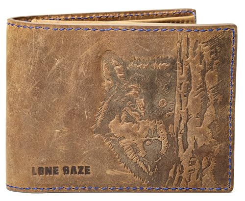 Men’s Genuine Leather Bifold Wallet – RFID Blocking, Wolf-Embossed – 8 Card Slots, ID Window, Coin Pocket – Gift Box & Branded Pouch